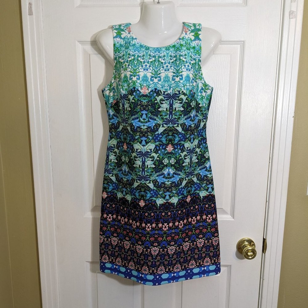 Taylor Green Blue Pink Mixed Floral Sleeveless Shift Midi Dress - 4 Petite